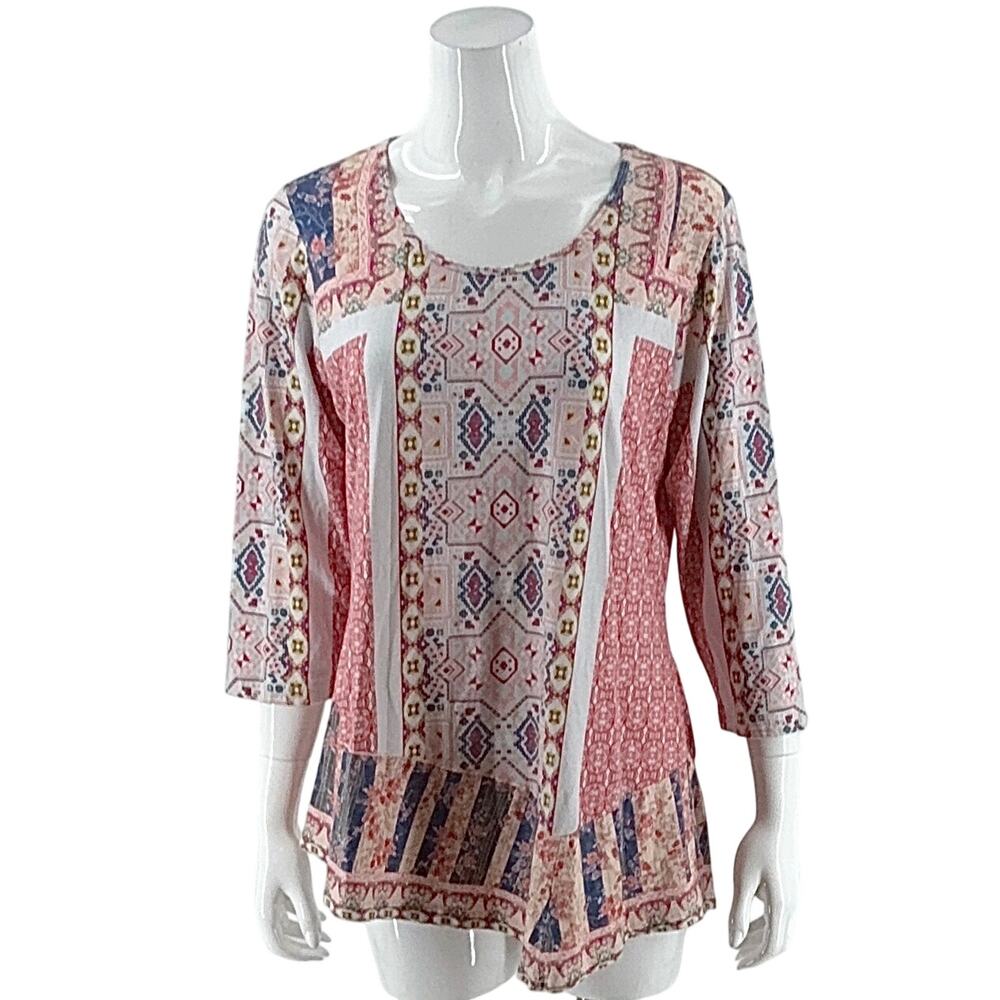 Parsley & Sage Womens Tunic Top Size Large Blue Red Asymmetrical Hem Strech
